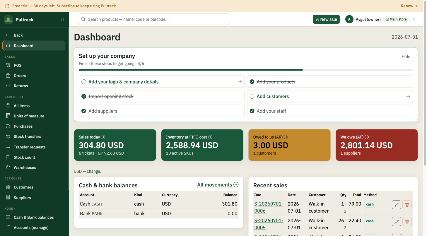 Owner dashboard — sales, stock, cash and debt